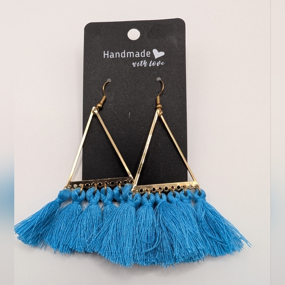 Handmade Blue Tassel Fringe Earrings Gold Triangle Top Hook 3.5" NEW (Pair #2)